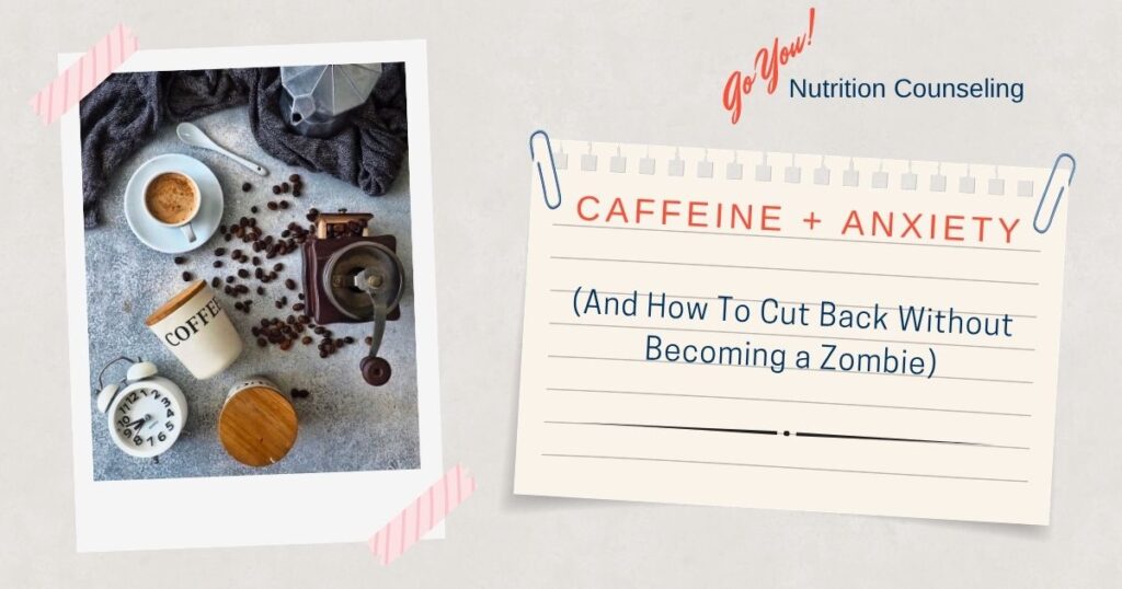polaroid pic of coffee beans near a press, and alarm clock, blanket, coffee in a white mug on a white plate, all arranged erratically. a torn out notepage next to the image reads "caffeine + anxiety (and how to cut back without becoming a zombie)"