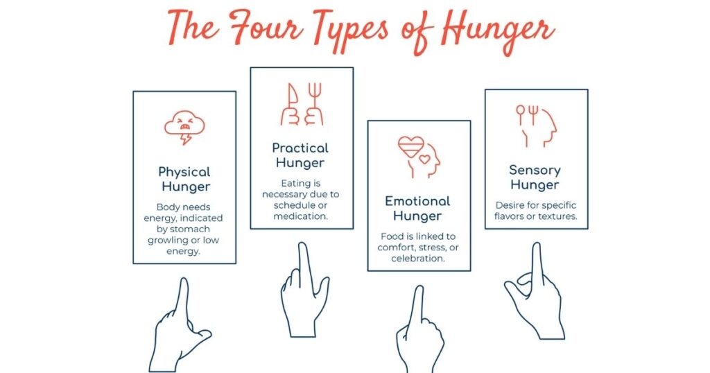 Four types of hunger are illustrated: Physical Hunger (body needs energy), Practical Hunger (eating due to schedule or medication), Emotional Hunger (food linked to comfort, stress, or celebration), and Sensory Hunger (desire for specific flavors or textures). Each type is represented by an icon and a brief description, with hands pointing towards each card.